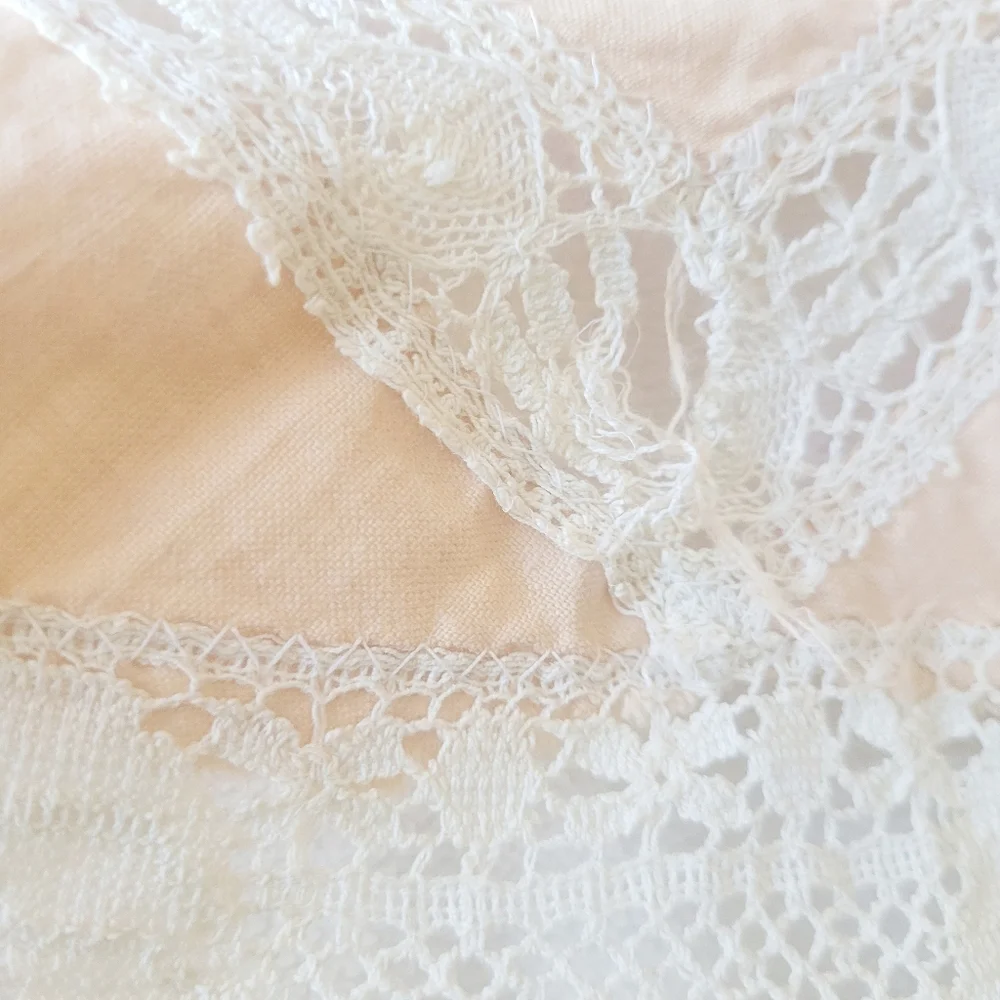 Vintage Handmade Linen Round Tablecloth Lace Ivory Floral Basket‎ Embroidery